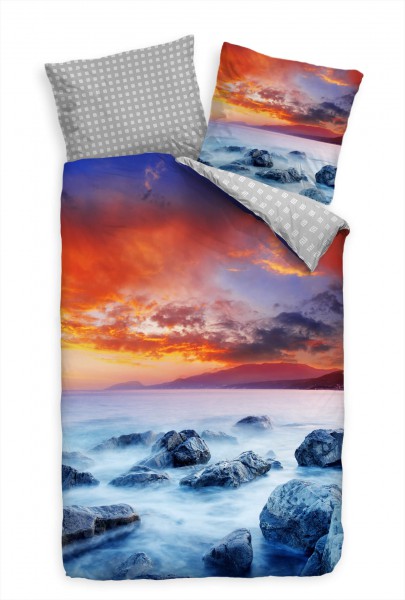 Paul Sinus Art Strand Sonnenuntergang Fels Rot Blau Bettwäsche Set 135x200 cm + 80x80cm Atmungsaktiv