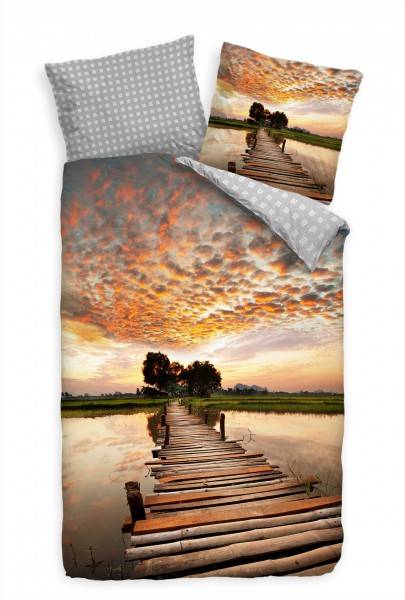 Paul Sinus Art Sonnenuntergang Brcke Fluss Wolken Bettwäsche Set 135x200 cm + 80x80cm Atmungsaktiv