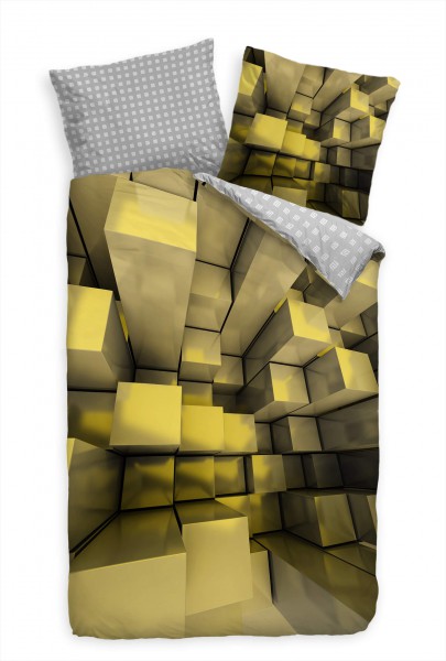 Paul Sinus Art 3D Wrfel Design Gold Gelb Bettwäsche Set 135x200 cm + 80x80cm Atmungsaktiv