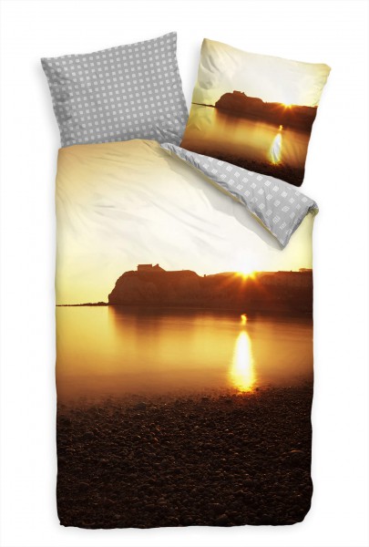 Paul Sinus Art Insel Kste Sonnenuntergang Braun Bettwäsche Set 135x200 cm + 80x80cm Atmungsaktiv