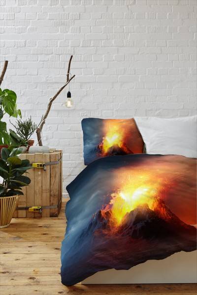 Paul Sinus Art Vulkan Ausbruch Lava Blau Rot 3D Bettwäsche Set 135x200 cm + 80x80cm Atmungsaktiv Valentinstagsangebot