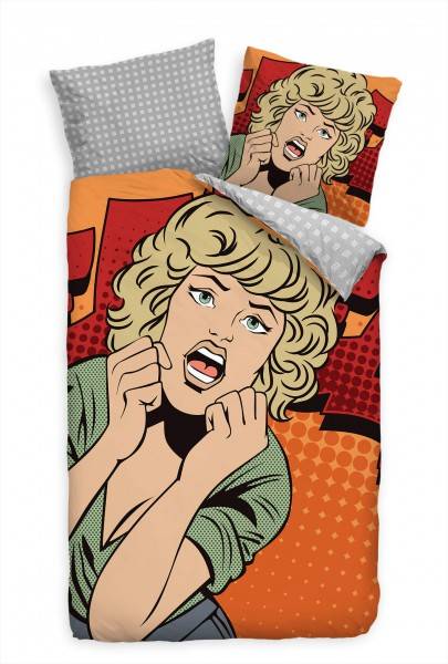 Paul Sinus Art Retro Style Frau Comic Hilfe Rot Orange Bettwäsche Set 135x200 cm + 80x80cm Atmungsaktiv