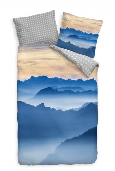Paul Sinus Art Aussicht Bayern Berge Blau Nebel Bettwäsche Set 135x200 cm + 80x80cm Atmungsaktiv