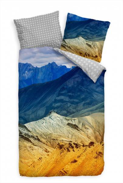 Paul Sinus Art Felsen Himalaja Landschaft Gelb Blau Bettwäsche Set 135x200 cm + 80x80cm Atmungsaktiv