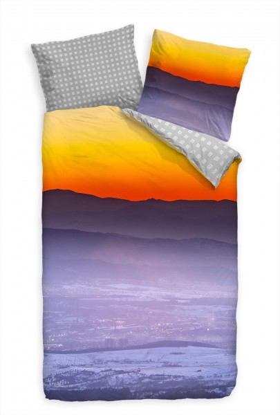 Paul Sinus Art Nacht Berg Panorama Blau Orange Bettwäsche Set 135x200 cm + 80x80cm Atmungsaktiv