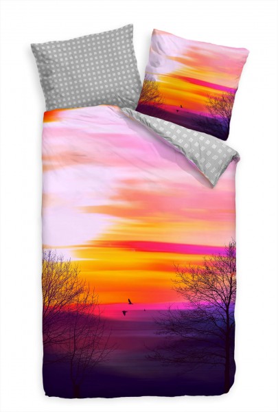 Paul Sinus Art Sonnenaufgang Orange Lila Panorama Bettwäsche Set 135x200 cm + 80x80cm Atmungsaktiv