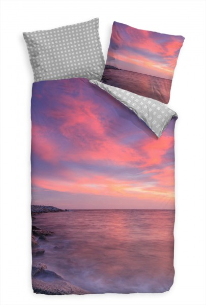 Paul Sinus Art Strand Sonnenuntergang Fels Rot Bettwäsche Set 135x200 cm + 80x80cm Atmungsaktiv