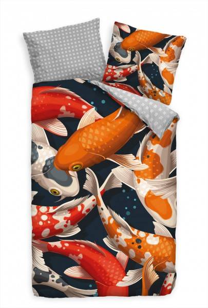 Paul Sinus Art Koi Karpfen Hintergrund Rot Orange Bettwäsche Set 135x200 cm + 80x80cm Atmungsaktiv