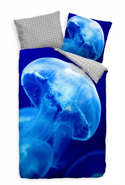 Paul Sinus Art Qualle Makro Blau Ozean Bettwäsche Set 135x200 cm + 80x80cm Atmungsaktiv