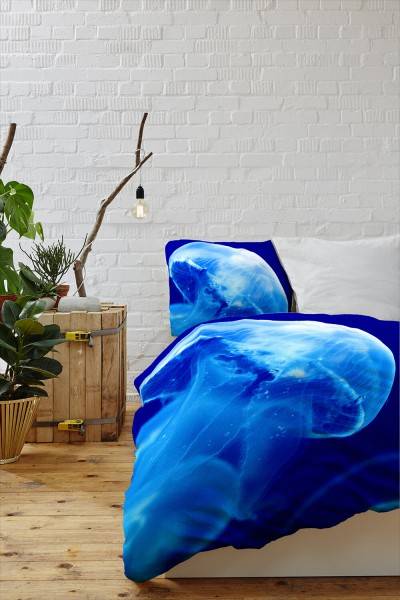 Paul Sinus Art Qualle Makro Blau Ozean Bettwäsche Set 135x200 cm + 80x80cm Atmungsaktiv Fabrik Onlineshop