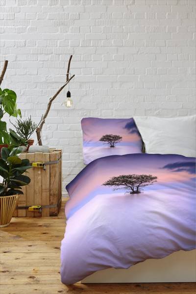 Paul Sinus Art Baum Landschaft Blau Lila Nebel Bettwäsche Set 135x200 cm + 80x80cm Atmungsaktiv Zeitlich begrenztes Angebot