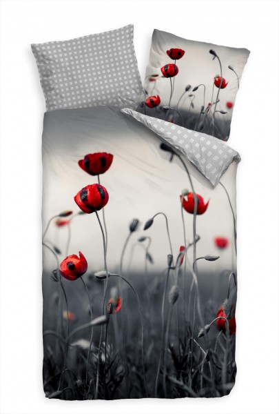 Paul Sinus Art Mohn Makro Rot Schwarz Weiss Bettwäsche Set 135x200 cm + 80x80cm Atmungsaktiv