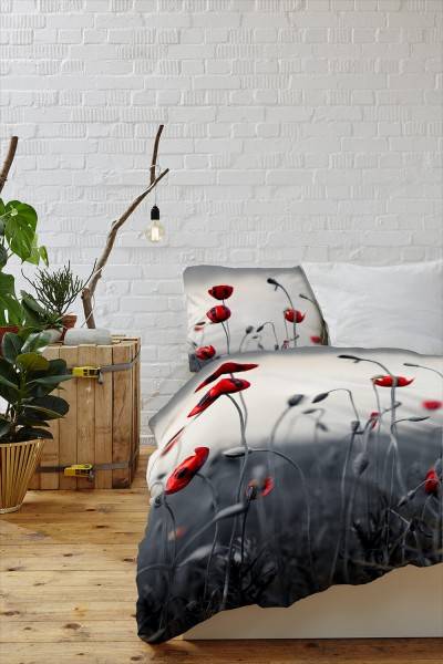 Paul Sinus Art Mohn Makro Rot Schwarz Weiss Bettwäsche Set 135x200 cm + 80x80cm Atmungsaktiv Nur für heute