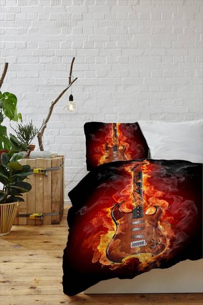 Paul Sinus Art E-Gitarre Flammen Rock Schwarz Rot Bettwäsche Set 135x200 cm + 80x80cm Atmungsaktiv Vierteljährliche Förderung