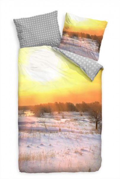 Paul Sinus Art Winter Landschaft Schnee Sonne Gelb Bettwäsche Set 135x200 cm + 80x80cm Atmungsaktiv Begrenzt auf 3 Tage