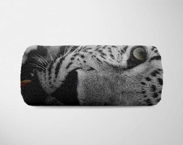 Paul Sinus Art Handtuch Strandhandtuch Saunatuch Kuscheldecke mit Tiermotiv Jaguar Schwarz Wei Im Verkauf