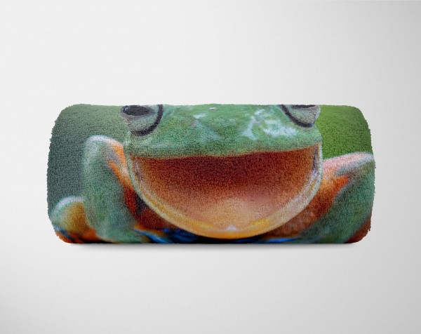 Paul Sinus Art Handtuch Strandhandtuch Saunatuch Kuscheldecke mit Tiermotiv gut gelaunter Fros im Angebot