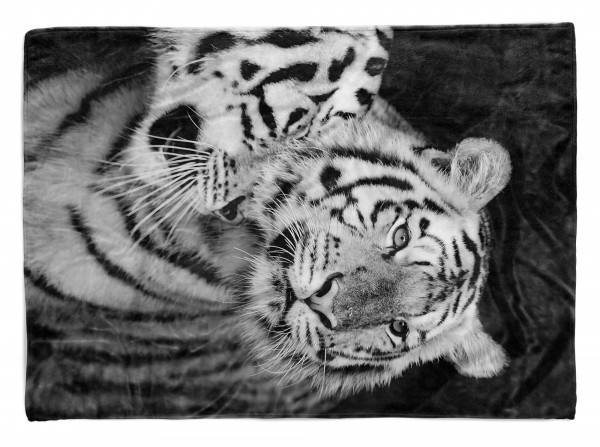 Paul Sinus Art Handtuch Strandhandtuch Saunatuch Kuscheldecke mit Tiermotiv Weiße Tiger Schwar