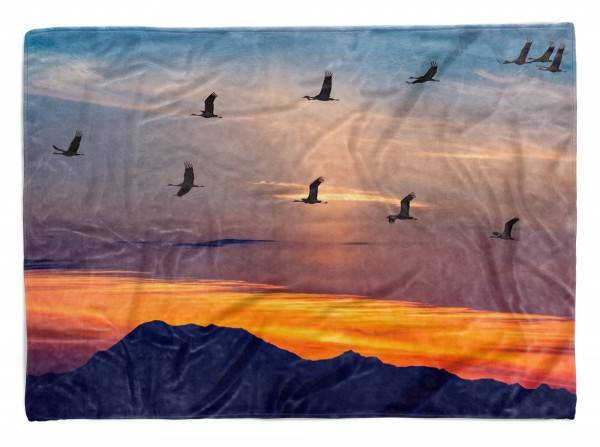 Paul Sinus Art Handtuch Strandhandtuch Saunatuch Kuscheldecke mit Fotomotiv Berge Sonnenuntergang Vögel