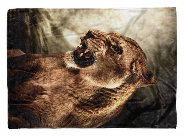 Paul Sinus Art Handtuch Strandhandtuch Saunatuch Kuscheldecke mit Tiermotiv Löwin Wildnis