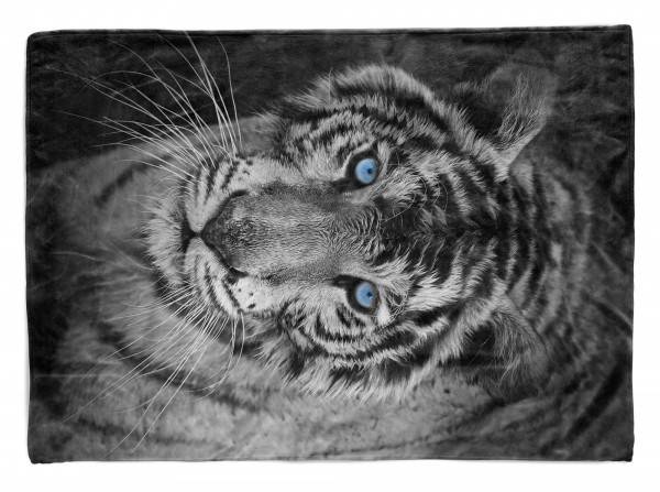 Paul Sinus Art Handtuch Strandhandtuch Saunatuch Kuscheldecke mit Tiermotiv Tiger blaue Augen