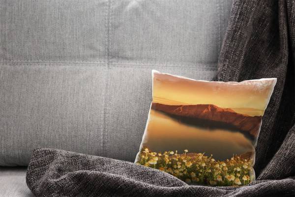 Paul Sinus Art Landschaft, orange, grün, Blumen, Santorini, Griechenland Deko Kissen 40x40cm für Couch Sofa Lounge Saisonschlussverkauf