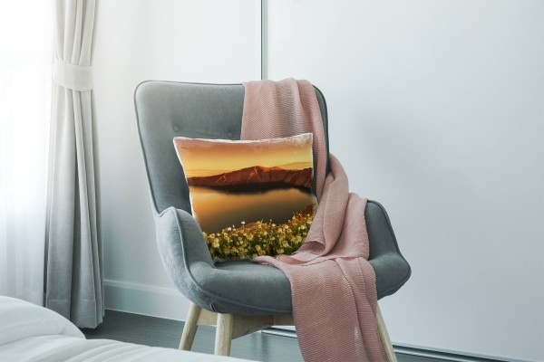 Paul Sinus Art Landschaft, orange, grün, Blumen, Santorini, Griechenland Deko Kissen 40x40cm für Couch Sofa Lounge Saisonschlussverkauf