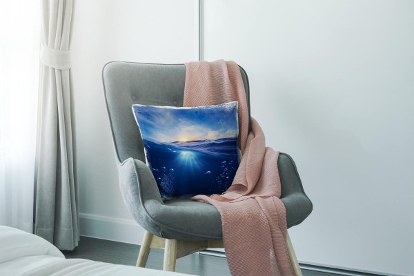 Paul Sinus Art Meer, blau, gelb, Sonnenuntergang, Unterwasser Deko Kissen 40x40cm für Couch Sofa Lounge Zierkissen Osterangebot