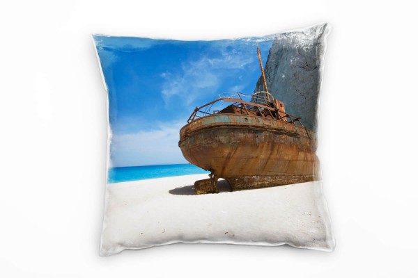 Paul Sinus Art Strand und Meer, blau, braun, Schiffswrack am Strand Deko Kissen 40x40cm für Couch Sofa Lounge Zierk Muttertagsangebot