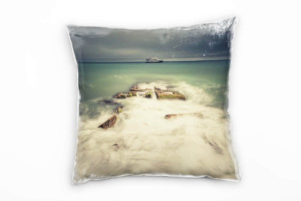 Paul Sinus Art Meer, weiß, grün, grau, Brandung, Schiff Deko Kissen 40x40cm für Couch Sofa Lounge Zierkissen