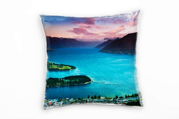 Paul Sinus Art Seen. Landschaft, türkis, orange, Sonnenuntergang Deko Kissen 40x40cm für Couch Sofa Lounge Zierkiss