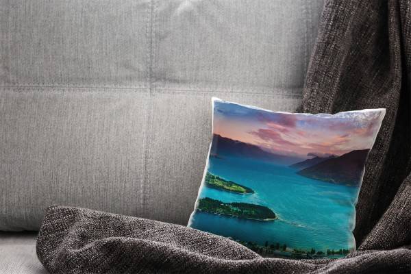 Paul Sinus Art Seen. Landschaft, türkis, orange, Sonnenuntergang Deko Kissen 40x40cm für Couch Sofa Lounge Zierkiss Exklusive Angebote