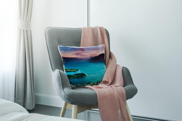 Paul Sinus Art Seen. Landschaft, türkis, orange, Sonnenuntergang Deko Kissen 40x40cm für Couch Sofa Lounge Zierkiss Exklusive Angebote