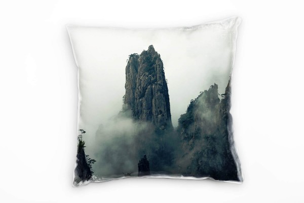 Paul Sinus Art Landschaft, grau, Nebel, Berge, China Deko Kissen 40x40cm für Couch Sofa Lounge Zierkissen