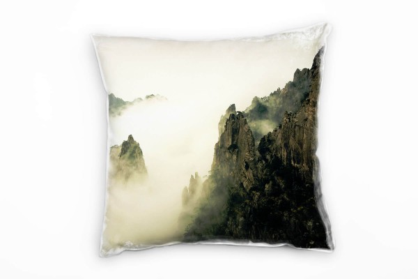 Paul Sinus Art Landschaft, braun, Nebel, Berge, China Deko Kissen 40x40cm für Couch Sofa Lounge Zierkissen