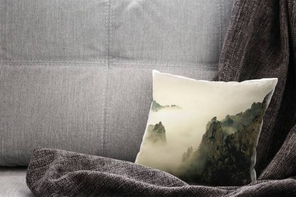 Paul Sinus Art Landschaft, braun, Nebel, Berge, China Deko Kissen 40x40cm für Couch Sofa Lounge Zierkissen Große Rabatte