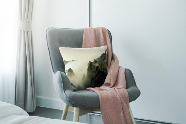 Paul Sinus Art Landschaft, braun, Nebel, Berge, China Deko Kissen 40x40cm für Couch Sofa Lounge Zierkissen Große Rabatte