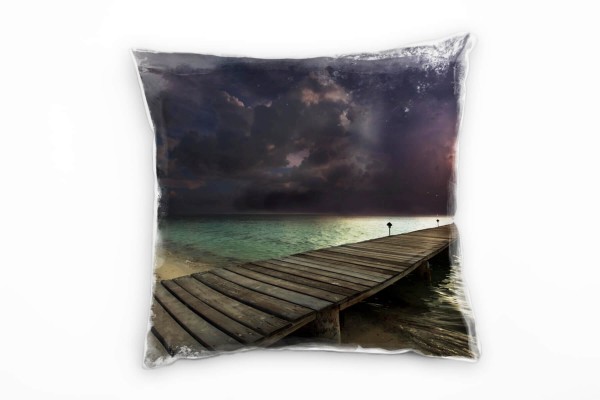 Paul Sinus Art Strand und Meer, grau, türkis, Unwetter, Blitz, Steg Deko Kissen 40x40cm für Couch Sofa Lounge Zierk