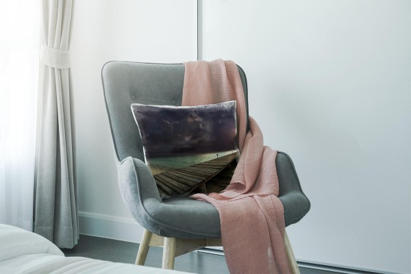 Paul Sinus Art Strand und Meer, grau, türkis, Unwetter, Blitz, Steg Deko Kissen 40x40cm für Couch Sofa Lounge Zierk Kauf eins, bekomm eins gratis