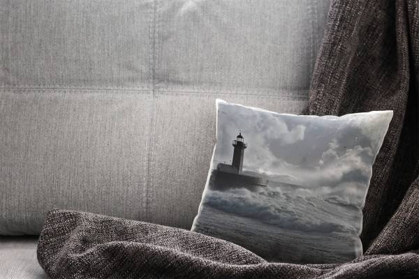 Paul Sinus Art Meer, grau, Brandung, Wellen, Leuchtturm Deko Kissen 40x40cm für Couch Sofa Lounge Zierkissen Sonderangebote