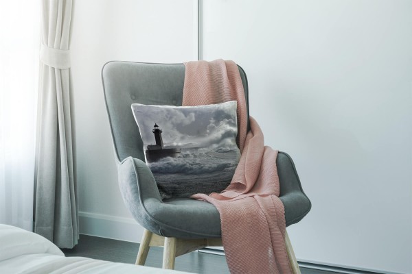Paul Sinus Art Meer, grau, Brandung, Wellen, Leuchtturm Deko Kissen 40x40cm für Couch Sofa Lounge Zierkissen Sonderangebote