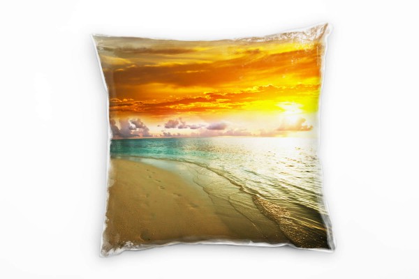 Paul Sinus Art Strand und Meer, orange, türkis, Sonnenuntergang Deko Kissen 40x40cm für Couch Sofa Lounge Zierkisse