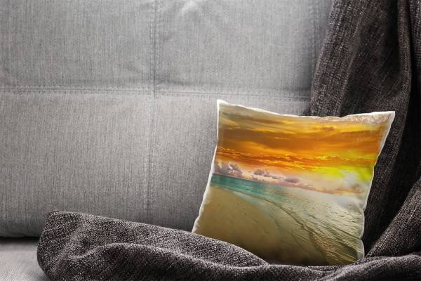Paul Sinus Art Strand und Meer, orange, türkis, Sonnenuntergang Deko Kissen 40x40cm für Couch Sofa Lounge Zierkisse VIP-Rabatte