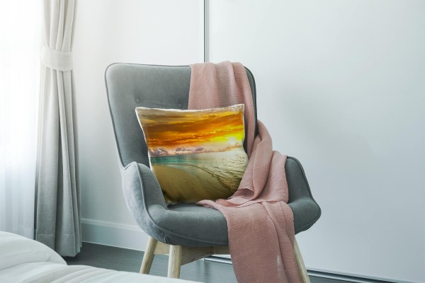 Paul Sinus Art Strand und Meer, orange, türkis, Sonnenuntergang Deko Kissen 40x40cm für Couch Sofa Lounge Zierkisse VIP-Rabatte