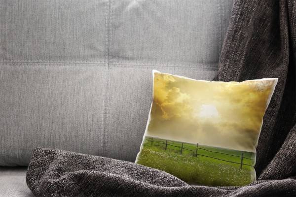 Paul Sinus Art Landschaft, grün, orange, Sommer, Feld, Sonnenuntergang Deko Kissen 40x40cm für Couch Sofa Lounge Zi Begrenzte Freigabe