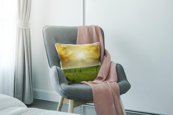 Paul Sinus Art Landschaft, grün, orange, Sommer, Feld, Sonnenuntergang Deko Kissen 40x40cm für Couch Sofa Lounge Zi Begrenzte Freigabe