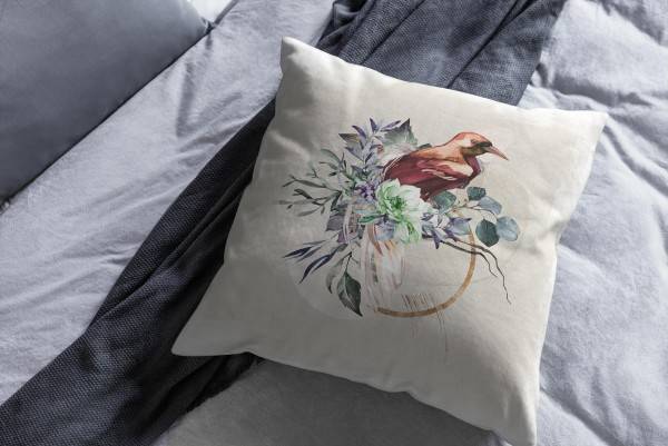 Paul Sinus Art Dekokissen Kissen Eauzone Aquarell Motiv Vogel Blumen Pastelltöne Dekorativ Kunstvoll Schön Nur für heute