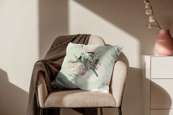 Paul Sinus Art Dekokissen Kissen Eauzone Aquarell Motiv Wellensittich Blumen Pastelltöne Dekorativ Kunstvoll Schön Begrenzt auf 3 Tage