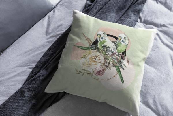 Paul Sinus Art Dekokissen Kissen Eauzone Aquarell Motiv Wellensittich Blumen Pastelltöne Dekorativ Kunstvoll Schön Begrenzt auf 3 Tage