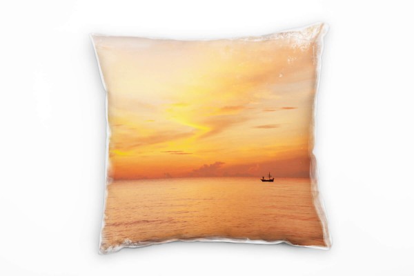 Paul Sinus Art Meer, orange, Sonnenuntergang, Silhouette Boot Deko Kissen 40x40cm für Couch Sofa Lounge Zierkissen